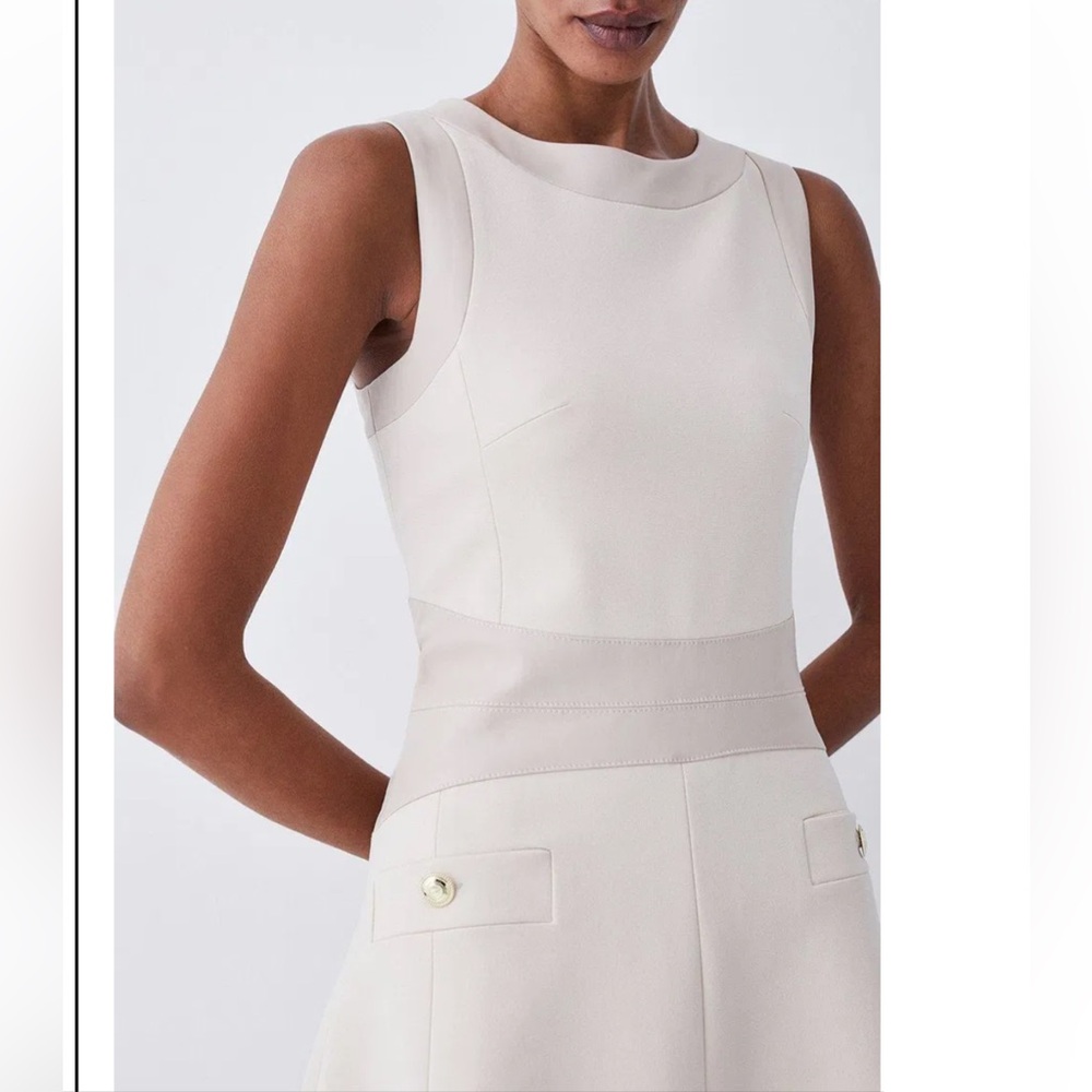 NWT Karen Millen Ponte Faux leather A line flippy mini dress 12 Tall beige - Picture 5 of 13